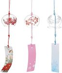 BENECREAT 3PCS Japanese Wind Chimes Pink Cherry/Red/Blue Glass Wind Bells Handmade Pendants for Birthday Gift and Home Decors