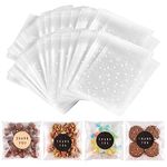 NPLUX 200PACK Self Sealing Cellophane Bags Cookie Bags for Gift Giving Clear Treat Bags with Stickers(White Polka Dot,4X4INCH)