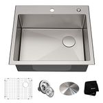 Kraus KHT411-25 Standart Pro Drop-in Topmount 16 Gauge Single Bowl 2-Hole Stainless Steel Set (5 Item Bundle: Sink, Bottom Grid, Assembly, Drain Cap, Kitchen Towel), 25 Inch, Tight Radius