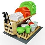 YZHDUXIU Bamboo Dish Drying Rack with Utensil Holder, 3 Tier Collapsible Dish Rack, Large Dish Racks for Kitchen Counter, Wooden Folding Dish Drainer with Dish Drying Mat (3 Tier (with Drying Mat))