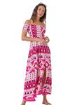 Roman Originals Bardot Dress for Women UK Ladies Shirred Chest Off Shoulder Cold Shoulder Maxi Midi Summer Beach Holiday Sleeveless Garden Cocktail Party Elasticated - Fuchsia Ivory - Size 12