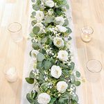 TOCHGREEN 2 Pack 13Ft Artificial Eucalyptus Flower Garland with White Roses, Fake Rose Flower Greenery Garland Floral Vines for Wedding Home Party Room Table Runner Decor (2PCS, White)