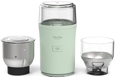 Martha Stewart Electric Coffee & Spice Grinder, Dual 2.5oz Removable Bowls, Storage Lids, Stainless Steel Blades, One Touch Pulse Control, 2-in-1 Compact, Beans & Spices, Herbs & Nuts, Honeydew Green