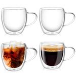 Quable 250ml Glass Coffee Mugs, 8.5oz Clear Double Wall Glass Mug with Handles, Set of 4 Insulated Coffee Mug Glass Espresso Cups for Hot Drinks