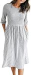 MEROKEETY Women's 3/4 Balloon Sleeve Striped High Waist T Shirt Midi Dress, Black White, Large