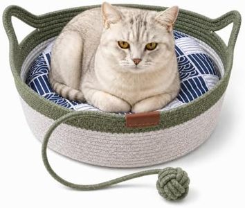 Instinct Basket for Cats - Handwoven Cotton Rope Enrichment Bed with Attached Toy Tail, Scratchable Interactive Pet Nest Features Flexible Walls to Fight Boredom & Protect Furniture (Green & Mat, M)