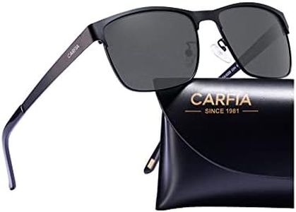 Carfia Polarized Sunglasses Man Metal Square Frame 100%UV400 Protection for Driving, One Size, Black Frame With Grey Lens
