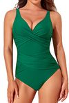 Smismivo Tummy Control Swimsuits for Women Slimming One Piece Bathing Suit Modest Padded Ruched Push Up Long Torso Curvy Cute Shapewear V Neck Criss Cross Swimming Full Coverage Swimwear (Green)