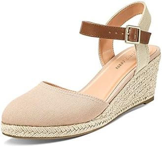 PIZZ ANNU Women's Espadrille Low Wedge Heel Sandals with Buckle Ankle Strap Close Toe Casual Dressy Summer Platform Shoes, Nude, 9