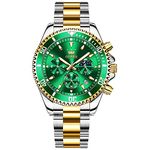 OLEVS Chronograph Watches for Men Gold Silver Stainless Steel Quartz Analog Watch Classic Green Dial Lunar Phase with Date Men Dress Watches Business Casual Waterproof Luminous Mens Watches