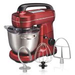 Hamilton Beach 7-Speed Stand Mixer for Baking, 300W, 4 Quart Stainless Steel Bowl, Dough Hook, Whisk, Flat Beater, Splash Guard, Red (63395G)