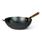 Amazon Basics Carbon Steel Pre-Seasoned Wok with Acacia Wood Handle, All Cooktop Friendly, 32cm