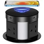 Pop Up Sockets for Kitchen Worktops with Wireless Charging, Pop Up Plug Socket with USB, Recessed Desk Power Outlet 4 UK Plug, 2 USB, 1RJ45 Port, 1 HDMI Port for Office and Home