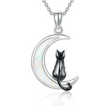 URONE Black Cat Necklace for Women 925 Sterling Silver Moon Cat Pendants with Opal Cat Jewelry Gifts for Cat Lovers