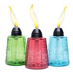 Backyadda Table Top Tiki Torches for Outside, Stylish Glass Torches for Patio, Lawn, and Garden. Set of 3 Torches (Spring Green, Crimson, Caribbean Blue)