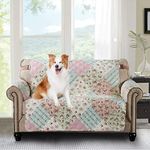 Sofa Loveseat Protector Slipcover 54 Inch for 2 Seat Couch Pet Proof Funiture Cover Floral Print Reversible Quilted Scroll Soft Layers/Strap, Machine Wash Arm Chair Slipcover Not Leather, Pink/Green