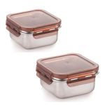 Attro Steelox Square Small Stainless Steel Container with Plastic Seal Lid BPA Free Food Grade Leak-Proof Ideal for School, Office & Outdoor - 270ml Set of 2 Brown