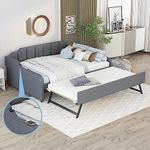Upholstered Daybed with Pop Up Trundle, Full Size Daybed with Trundle and USB Charging Design, Trundle can be Flat or Erected, Extendable Daybed Frame for Kids Teens (Grey,Full)