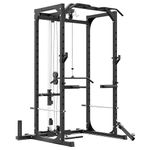 Synergee Power Rack Cage with Pulley System, J-Cups, Safety Arms, Pull Up Bar, Landmine & T Bar, Barbell Hold, Dip Station, Lat & Straight Bar. Exercise Stand with 750lb Capacity.