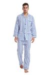 GLOBAL Mens Pyjamas Set | 100% Cotton PJs | Button Front Top and Elastic and Drawstring Bottoms Blue,Stripe XL