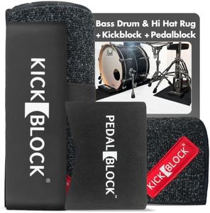 KickBlock Runway Drum Rug Bundle – Bass Drum & Hi-Hat Rug + Bass Drum Anchor & PedalBlock (Stage Black) – 2 Slim Non-Slip Mats & 2 Stabilizers – Stability Surface for Small Space Setups – Made in USA