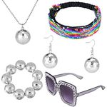 Fuyamp 5 Pieces 1970s Disco Set Disco Accessories Set, Silver Disco Accessories Set Ball Earrings Necklace Bracelet Bling Headband Sunglasses for Women and Girl