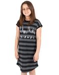 FRIENDS Pyjamas Night Dress For Girls | Kids New York Sitcom Nightie Short Sleeve Striped PJS | F.R.I.E.N.D.S TV Show Merchandise 10-11 Years Grey