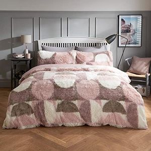 Sleepdown Curved Geo Shaggy Faux Fur Fleece Thermal Warm Cosy Super Soft Duvet Cover Quilt Bedding Set with Pillow Cases - Super King (220cm x 260cm) - Blush Pink