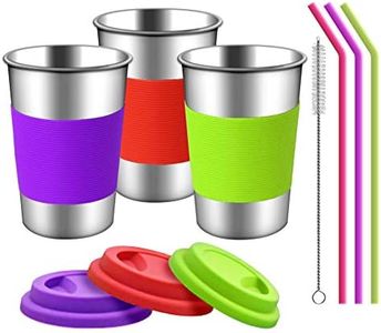 Copas de acero inoxidable con tapas, mangas y pajitas de silicona | Paquete de 3 16 oz. Copas de vasos de bebida para niños pequeños, niños y adultos | Ecológico | Sin BPA (Paja de silicona)