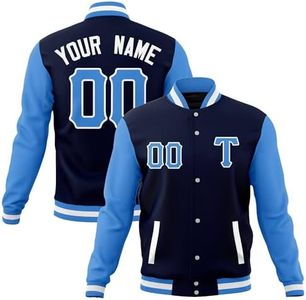 Freecustom Custom Jacket Causal Letterman Varsity Baseball Bomber Jacket Stitched Any Text Logo for Men/Women/Youth, Black&powder Blue-21, One Size