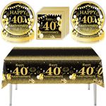 41pcs 40th Anniversary Party Plates Napkins Tableware Tablecloth Set, Black and Gold Forty Years Old Wedding Anniversary Disposable Party Dinnerware for Wedding Party Supply (40th Anniversary)