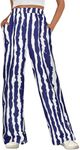 Women Striped Pants Loose Wide Leg Trousers Casual Low Waist Pants Fashion Lounge Pants with Pockets Navy Blue S