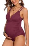 Charmo Maternity One Piece Swimwear V Neck Pregnancy Bathing Suits Side Ruched Maternity Swimsuits Dark Red L