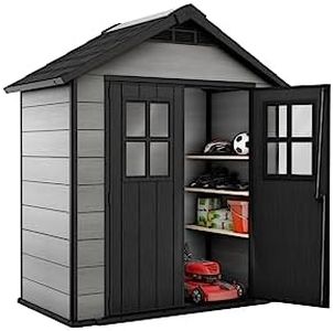 Keter Gerätehaus Oakland 754, Grau, 4,3m³, Außenmaße B/T/H: 229,6 x 124,8 x 253 cm, Duotech Struktur, wetterfest, Doppeltür, Oberlicht und Fenster, strapazierfähiger Schwerlastboden