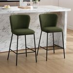 Wahson Modern Bar Stools Set of 2 Kitchen Counter Chairs with Comfy Backrest, Breakfast Bar Chairs Linen Fabric Counter Stools for Home Bar, Green