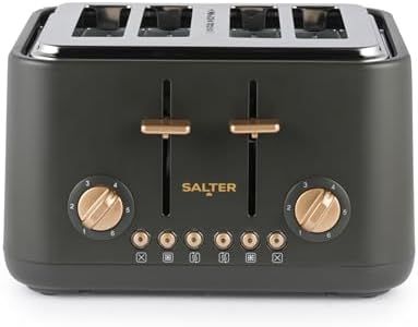Grille-pain Salter Pebble 4 tranches – Fentes large, levée haute, 6 niveaux de brunissage, fentes auto-centrantes, ramasse-miettes amovible, décongeler/réchauffer/annuler, gris charbon/or, EK5823CBVDE