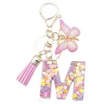 Unpafcxddyig Initials Letter Keychain Pink Tassel Butterfly Pendant for Women Girls Wallet Backpack Purses,Letter M