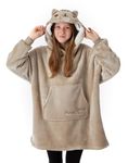 Pusheen Girls Wearable Blanket | Young Ladies Embroidered Cat Fleece Hoodie in Brown | Kids Cosy Heavyweight Snuggle Hooded Pullover | Cute Loungewear Gift for Children