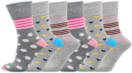 SOCK-TEC 6 Pairs Ladies Non Elastic Socks Diabetic Friendly Soft Cotton Wide Loose Top Grip UK 4-8 (Option 2)