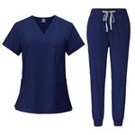 Scrubs Uniforms Women Set, Female Medical Uniforms & Scrubs Durable Short Sleeve V Neck Tunic Top and Pants with Pockets, Nursing Workwear Suits for Beauty Center(A05 Navy,XL)