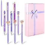 9 Pcs Ballpoint Pens, Pens for Women Gift Box Purple Metal Aluminum Rod with Crown Diamond Heart Star Decorate Retractable Ballpoint Pen