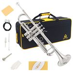 Yasisid Bb Standard Trumpet Set, Brass Play Sliver Western Wind Instruments for Beginners or Advanced Students, with Hard Case, Cleaning Kit, 7C Mouthpiece, Cloth and Gloves (Nickel)