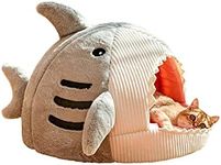 QWINEE Cat Mat Shark-Shaped Kennel Kitten Bed Hideout House Warm Soft Comfortable Semi-Closed Cat Dog Nest Grey Small