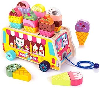 HELLOWOOD Wooden Ice Cream Truck, 28 pcs Magnetic Ice Cream Sweet Treats Pretend Play Food & Accessories, Montessori Sorting & Stacking Toys for Toddler Girls & Boys Age 2-5…