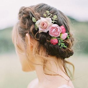 Fangsen Boho Pink Rose Buds Flowers Comb With Wedding Floral Hair Piece for Flower Girls Brides and Bridesmaids Silver