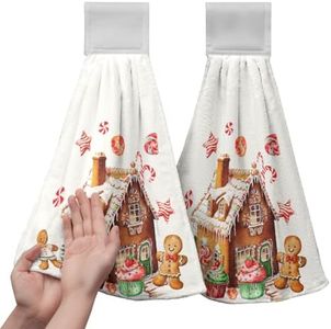 Kwlegh Christmas Gingerbread Man Hanging Kitchen Towels Cookies Candy Cane Hand Towel with Hanging Loop Ginger Bread House Dish Towels Xmas Soft Absorbent Fingertip Bath Tea Towel Decor Set of 2