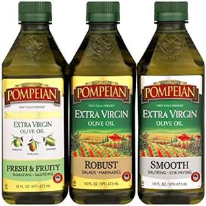 Pompeian Extra Virgin Olive Oil Variety Pack - Smooth EVOO, Gourmet Selection EVOO, Robust EVOO, Contains Polyphenols, First Cold Pressed, 16 Fl Oz, Pack of 3