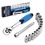 PTSTEL 14 Pieces Socket Wrench Kit, 1/4” Drive Socket Set with 72 Teeth Release Ratchet Wrench and Extension Bar, CR-V Sockets