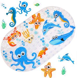 Bath Mats for Tub Kids,Large Cartoon Non-Slip Bathroom Bathtub Kid Mat for Baby Toddler Anti-Slip Shower Mats for Floor 27inx15in,Machine Washable XL Size Bathroom Mats (Blue)