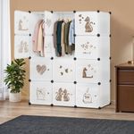 ABOUT SPACE Collapsible Wardrobe - DIY 8 Cube Plastic Almirah for Clothes with Printed Door Side Hanger Cloth Hanger Door Magnet & Hamer- Foldable Wardrobe for Storage for Home|Storage Organizer-White